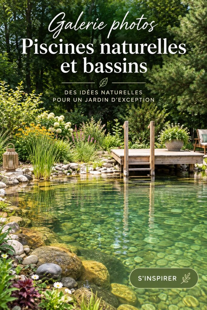 Piscine naturelle entourée de verdure dans un jardin paisible.