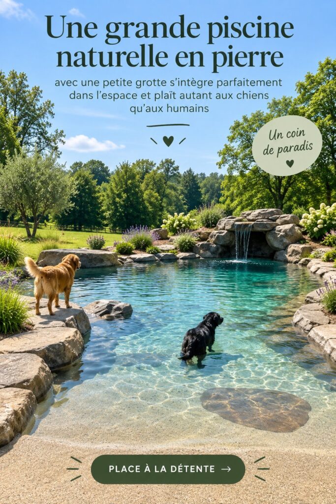 Une piscine naturelle en pierre entourée de verdure, idéale pour les baignades en famille.