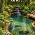 Une piscine naturelle avec cascade entourée d'une forêt verdoyante.