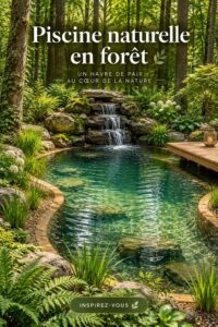 Une piscine naturelle avec cascade entourée d'une forêt verdoyante.