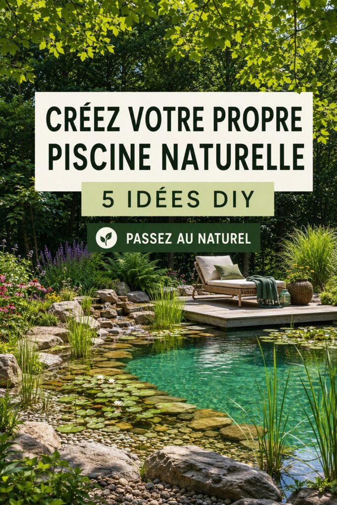 Une piscine naturelle aménagée avec des plantes et des pierres dans un jardin