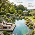 Vue d'une piscine naturelle entourée d'un jardin botanique luxuriant.