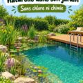 Une piscine naturelle dans un jardin accueillant, entourée de verdure et de fleurs.