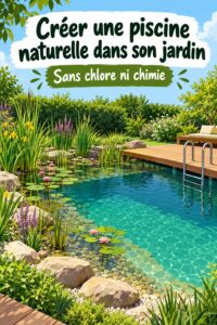 Une piscine naturelle dans un jardin accueillant, entourée de verdure et de fleurs.