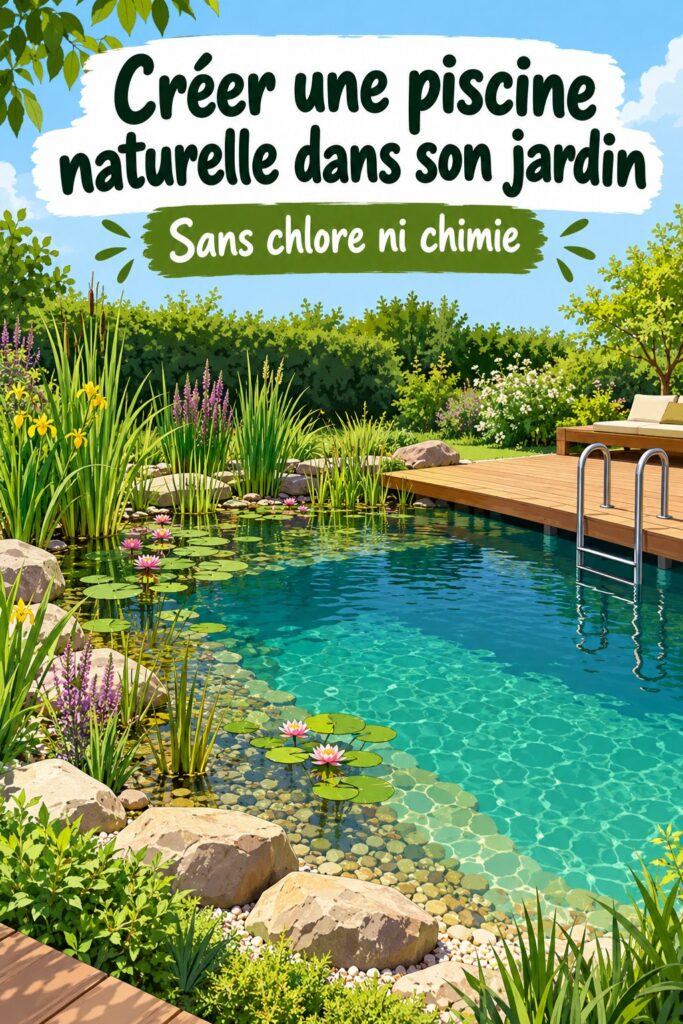 Une piscine naturelle dans un jardin accueillant, entourée de verdure et de fleurs.