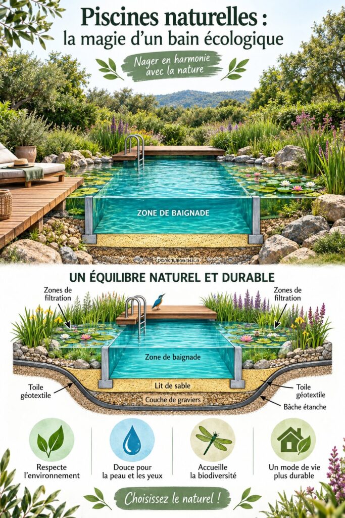 Une piscine naturelle entourée de végétation luxuriante, symbole d'un jardin éco-responsable.