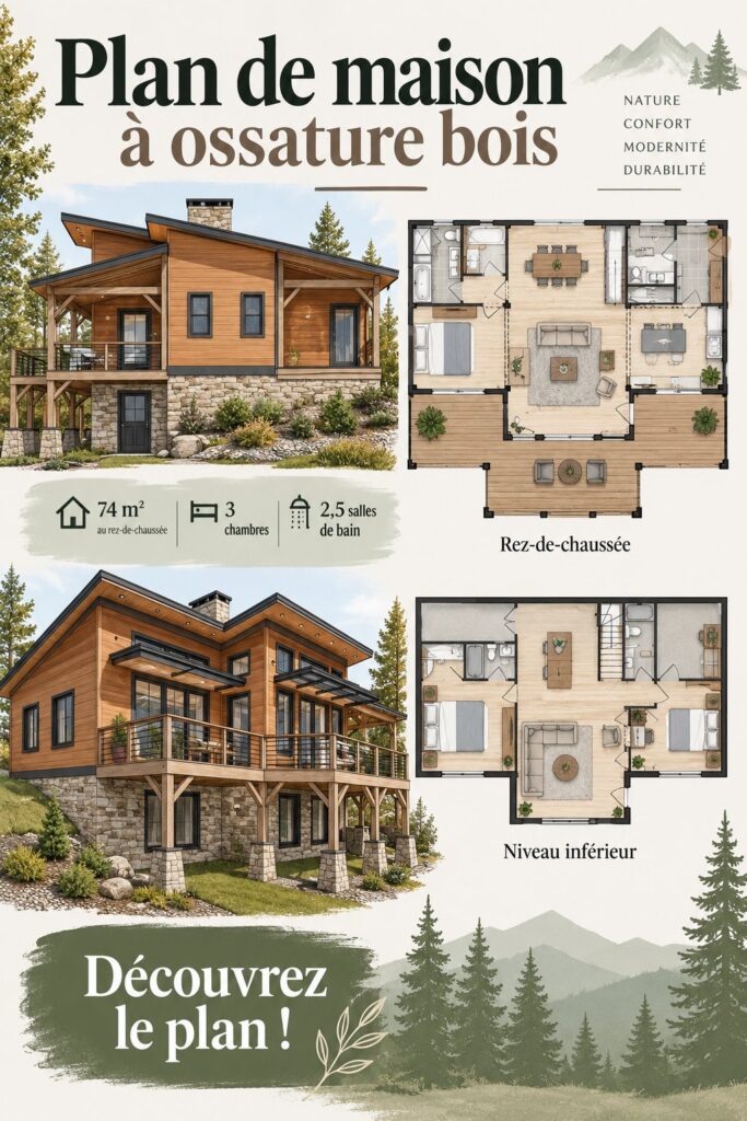 Plan de maison en ossature bois Lincoln avec un design moderne et chaleureux.