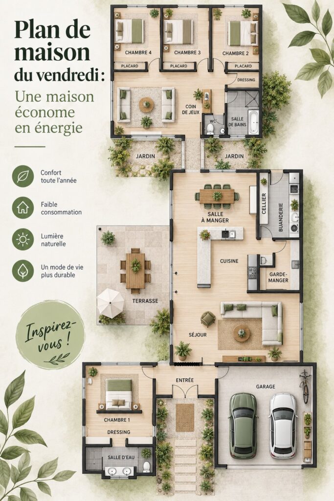 Plan d'une maison écoénergétique avec un design moderne et durable