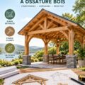 Plans d'un pavillon en bois dans un jardin verdoyant.