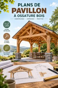 Plans d'un pavillon en bois dans un jardin verdoyant.