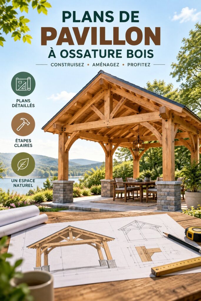 Plans d'un pavillon en bois dans un jardin verdoyant.