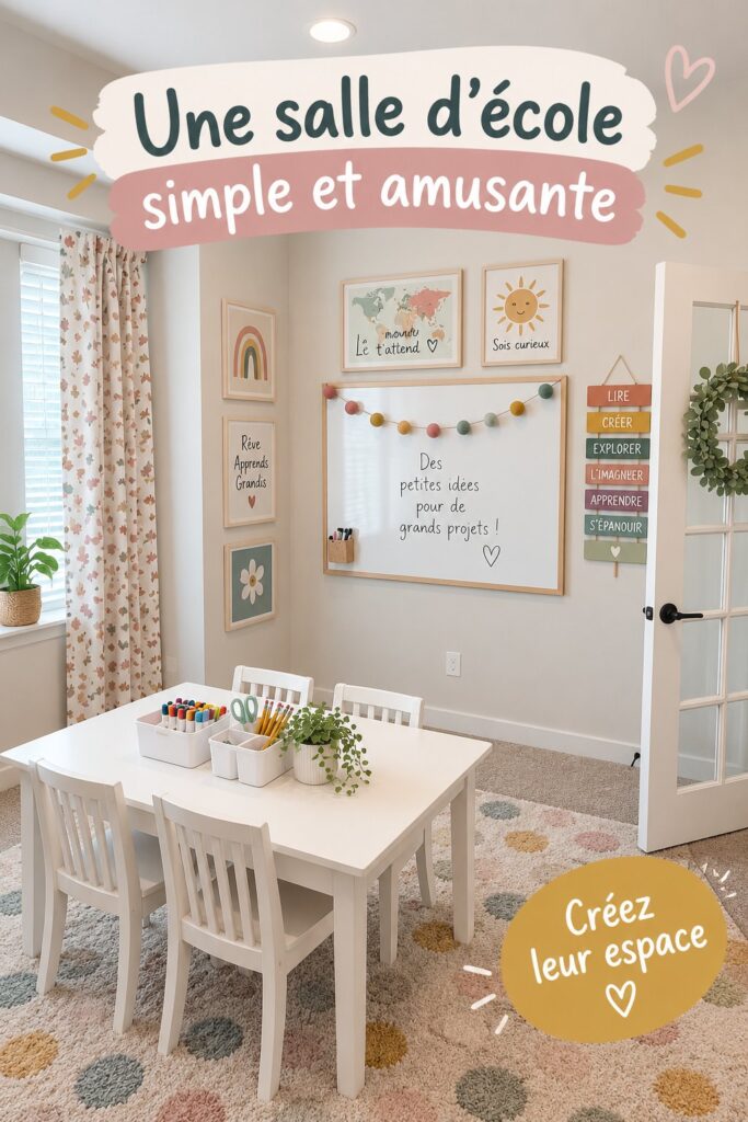 Une salle de classe à domicile décorée avec des couleurs vives et des éléments amusants, idéale pour stimuler l'apprentissage.