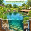 Vue d'une piscine naturelle entourée de plantes et d'un paysage verdoyant.