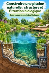 Vue d'une piscine naturelle entourée de plantes et d'un paysage verdoyant.