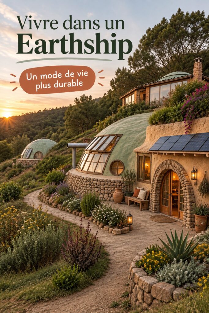 Vue extérieure d'un Earthship intégrée dans la nature, symbole d'une architecture durable et innovante.