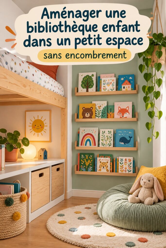 Une jolie bibliothèque enfant aménagée dans un petit coin de chambre, avec des étagères colorées et des livres bien rangés.