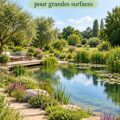 Un grand jardin avec un bassin naturel entouré de verdure