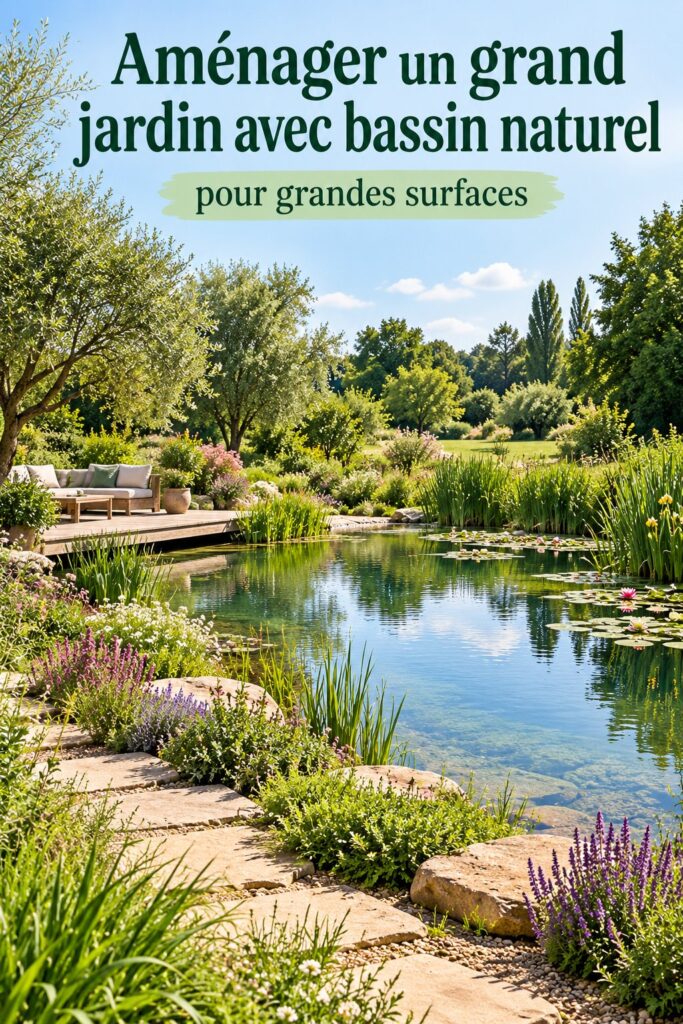 Un grand jardin avec un bassin naturel entouré de verdure