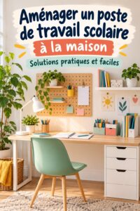 Espace de travail scolaire aménagé à la maison avec bureau et fournitures adaptées.
