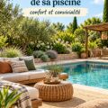 Vue d'un espace détente aménagé autour d'une piscine avec des transats et des plantes.