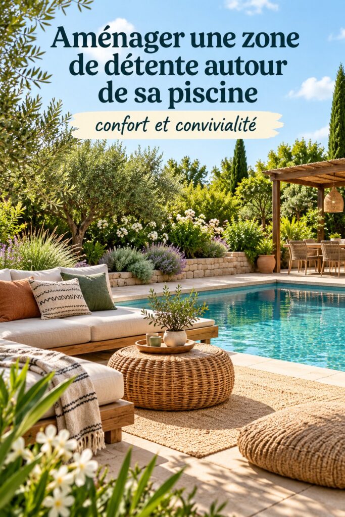 Vue d'un espace détente aménagé autour d'une piscine avec des transats et des plantes.