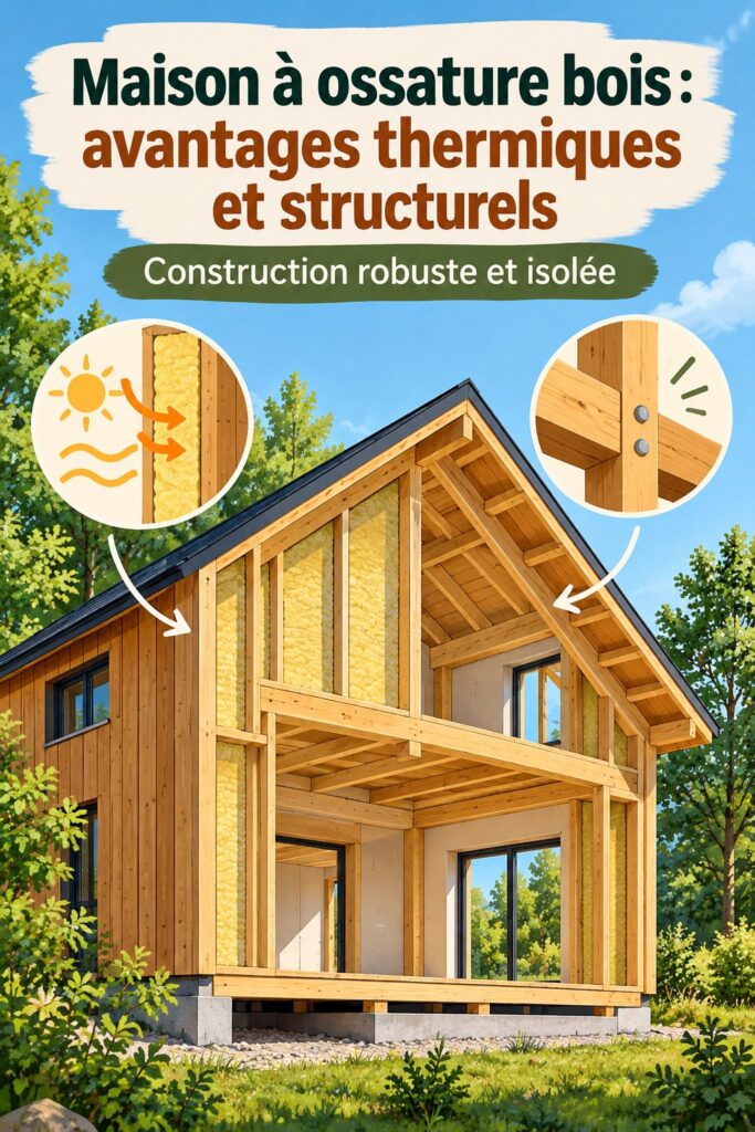 Maison à ossature bois moderne et esthétique, mettant en avant sa structure et son environnement.