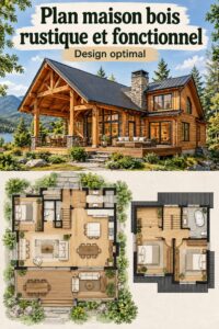 Plan de maison en bois moderne avec une architecture chaleureuse et accueillante.