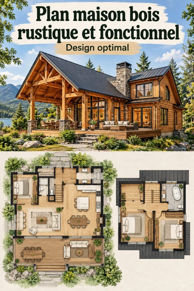 Plan de maison en bois moderne avec une architecture chaleureuse et accueillante.