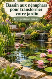 Bassin aux nénuphars dans un jardin fleuri.