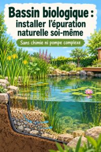 Un joli bassin biologique installé dans un jardin fleuri, offrant un espace de tranquillité et d'écologie.