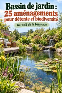 Bassin de jardin paisible avec plantes aquatiques et espace de détente