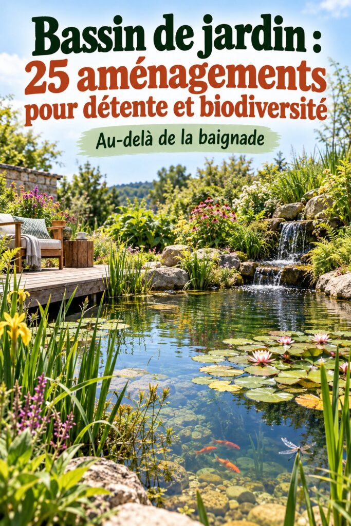 Bassin de jardin paisible avec plantes aquatiques et espace de détente