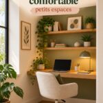 Bureau cosy aménagé dans un coin vide avec des couleurs douces