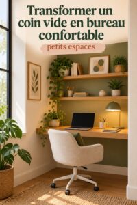 Bureau cosy aménagé dans un coin vide avec des couleurs douces