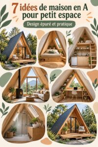 Cabanes A-frame modernes entourées de verdure, illustrant un espace de vie fonctionnel et esthétique