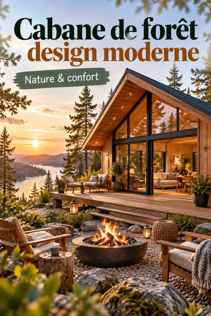 Cabane de forêt moderne entourée d'arbres, alliant design contemporain et nature