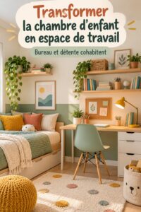 Chambre d'enfant aménagée en espace de travail pratique et chaleureux