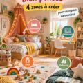Chambre d'enfant organisée avec des zones de jeu, sommeil et étude.
