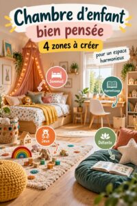 Chambre d'enfant organisée avec des zones de jeu, sommeil et étude.