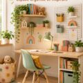 Un coin d'étude pour enfants avec une décoration colorée et des rangements pratiques.
