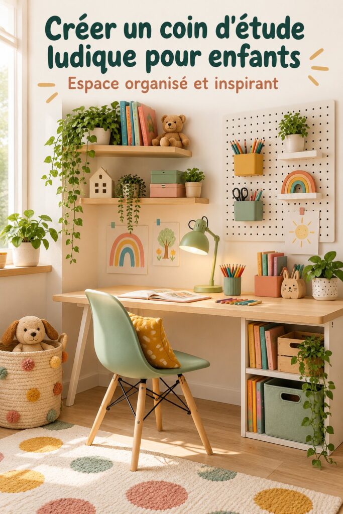 Un coin d'étude pour enfants avec une décoration colorée et des rangements pratiques.
