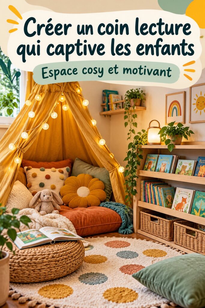 Un coin lecture cosy pour enfants avec des coussins et des livres colorés.