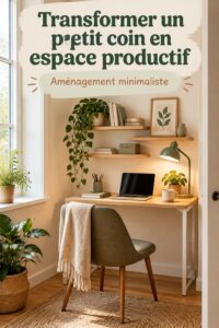 Un coin de travail chaleureux avec un bureau en bois et des plantes.