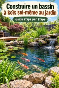 Bassin koi luxuriant avec des poissons colorés nageant, entouré de verdure.