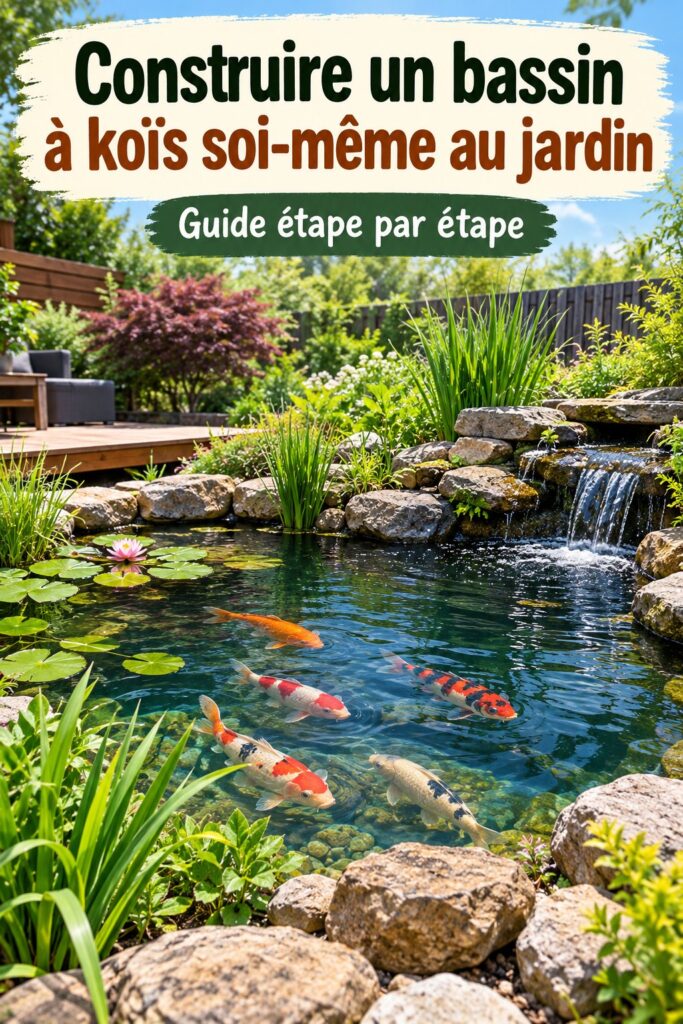 Bassin koi luxuriant avec des poissons colorés nageant, entouré de verdure.