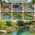 Photo d'une piscine naturelle intégrée dans un jardin, entourée de verdure.
