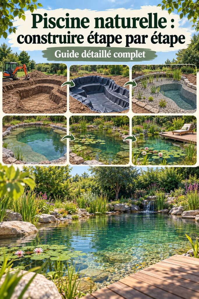 Photo d'une piscine naturelle intégrée dans un jardin, entourée de verdure.