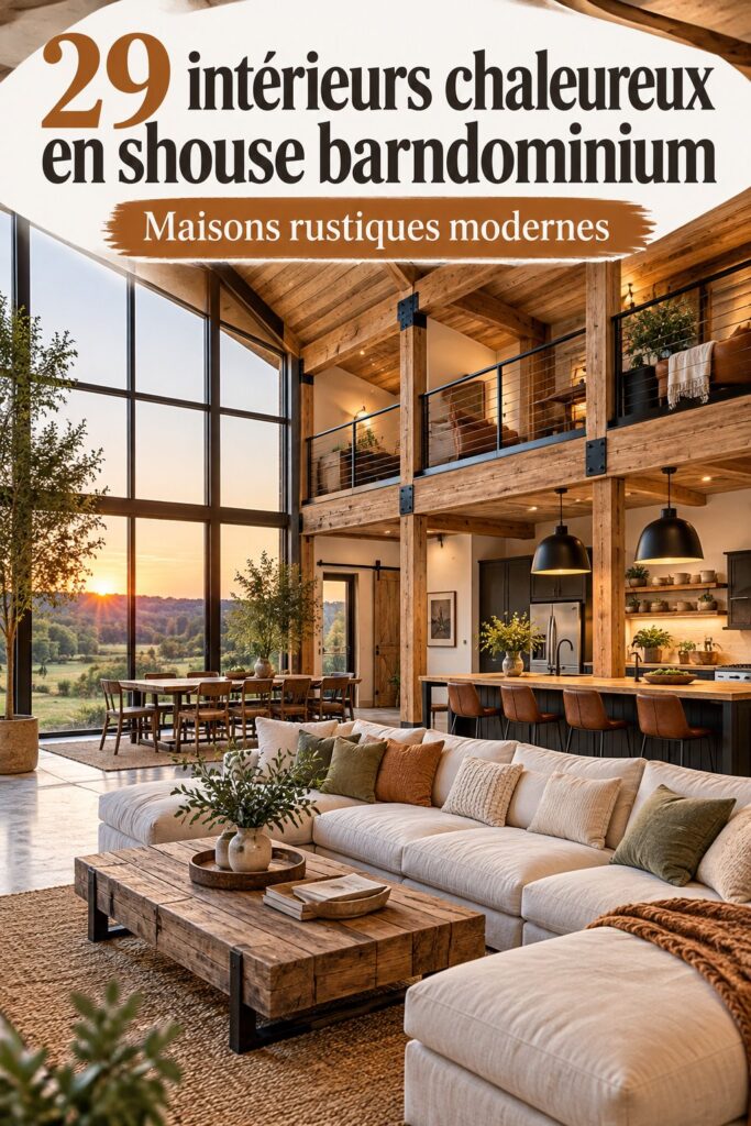 Intérieur chaleureux d'un barndominium avec un aménagement cosy
