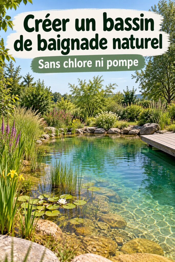 Étang naturel de baignade dans un jardin verdoyant, avec des plantes aquatiques autour.