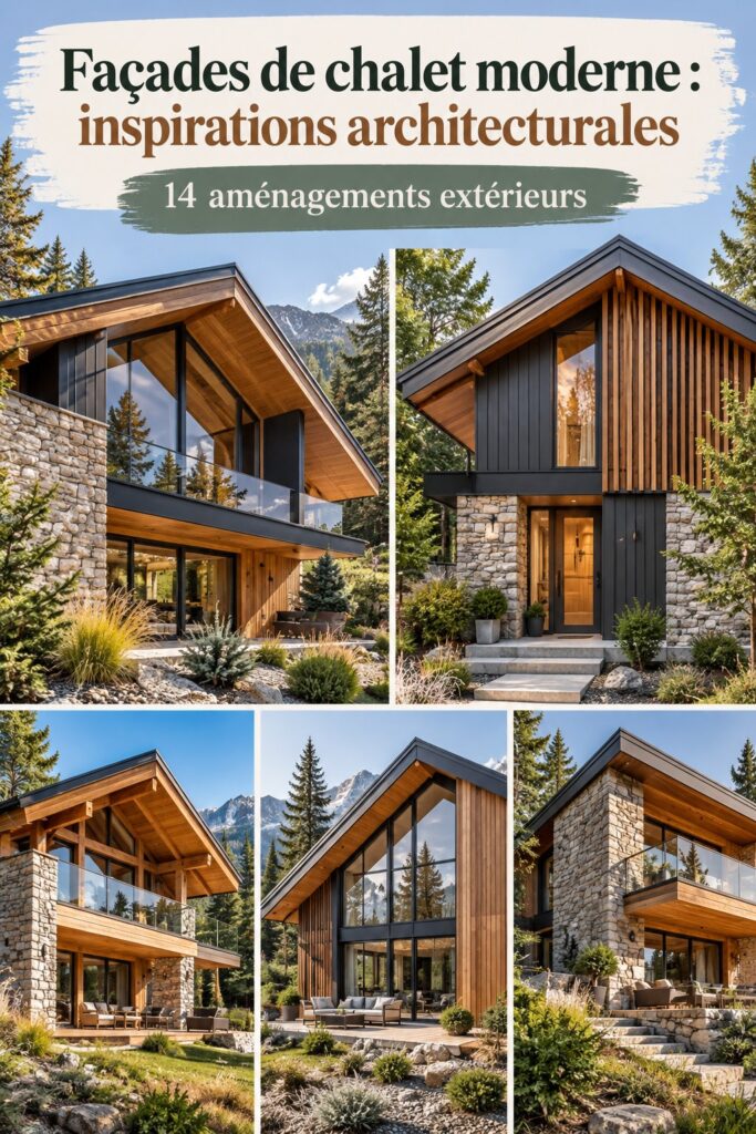 Façade moderne d'un chalet en bois, intégrée dans un paysage naturel
